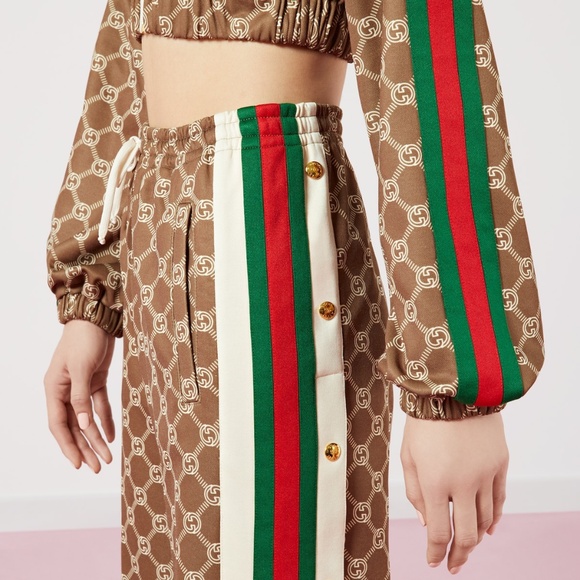 size M Gucci Women GG Cropped Track Pants Tear Away Buttons Web Beige Brown - Picture 4 of 15